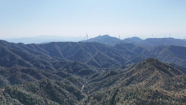 Aerial view of a mountain wind farm